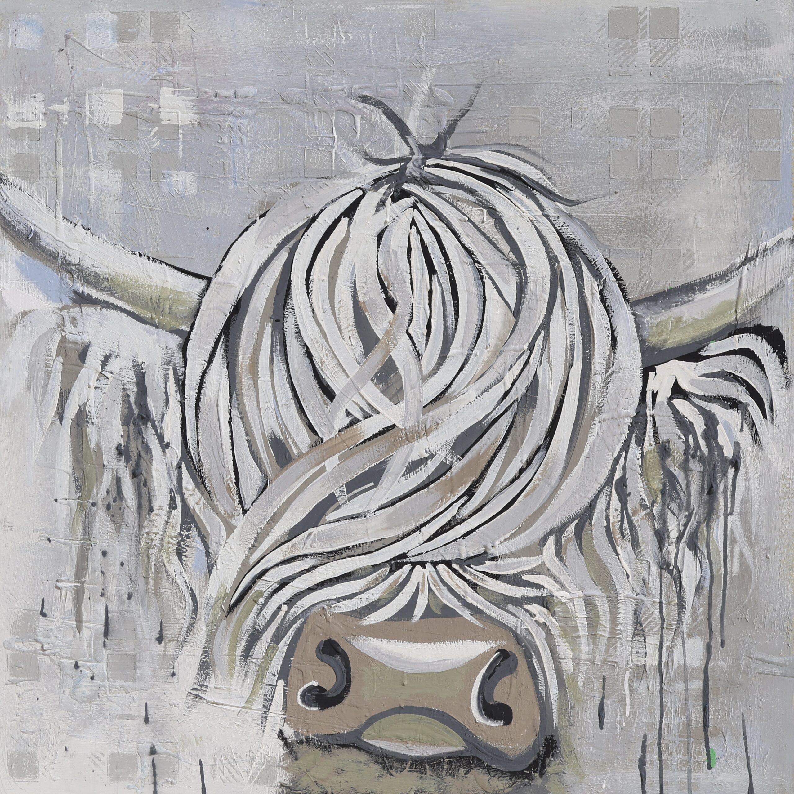 Iona, an original Highland cow painting in chalk white and soft grey with tartan blocks, painted in Perth by Tartan Paint