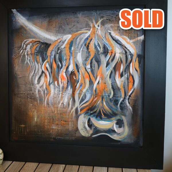 Eamonn, a commissioned original Highland cow painting in Dundee United tangerine and black by Tartan Paint