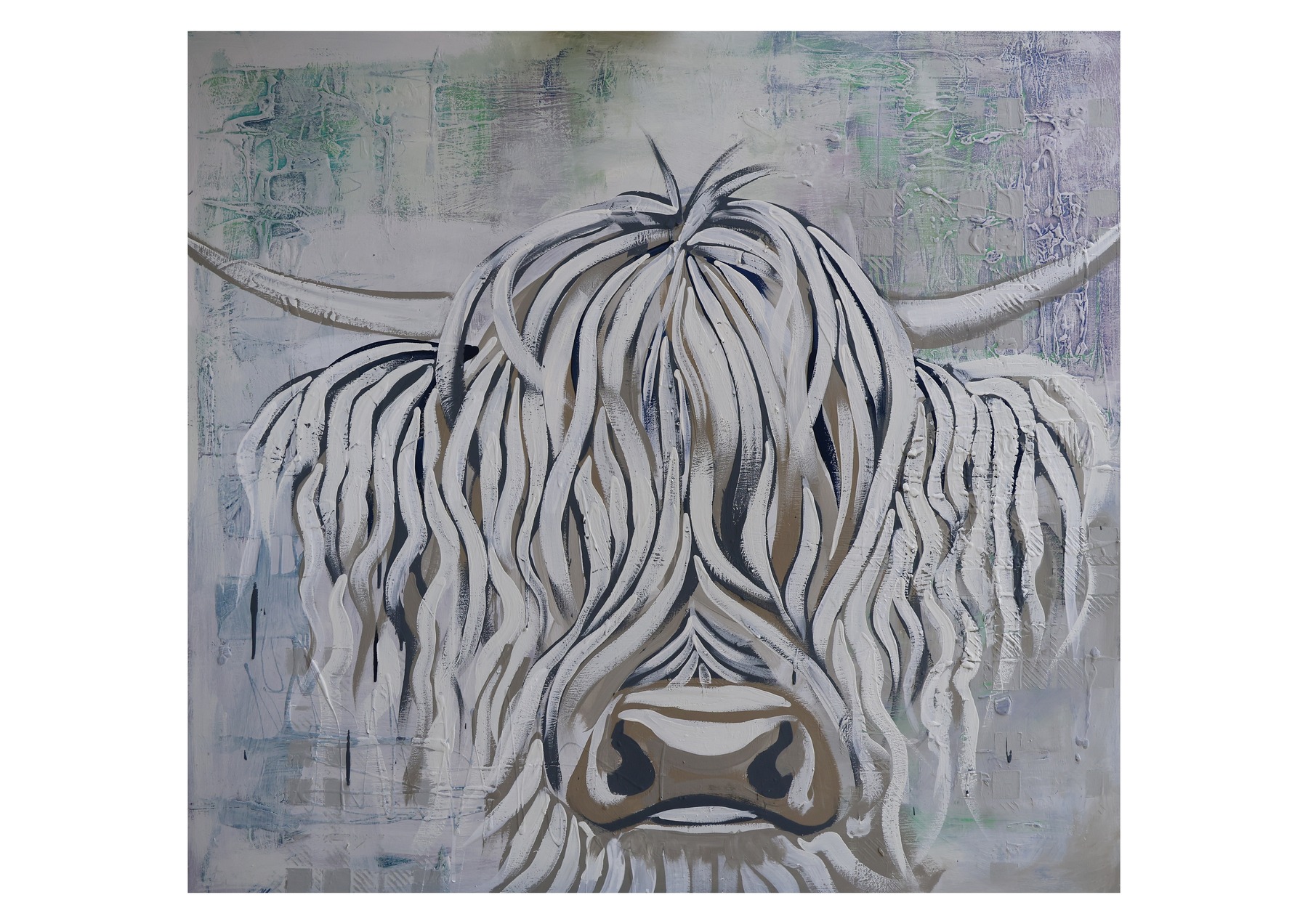 Skye white Highland cow print laid out for an A3 landscape print with a white border