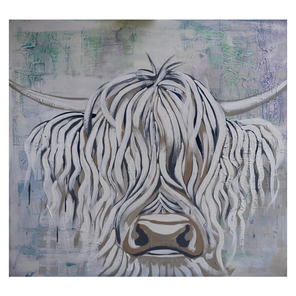 Skye, an original white Highland cow painting in chalk white and slate with a long fringe over her eyes, on a scraped green and lilac background, by Caroline Speirs