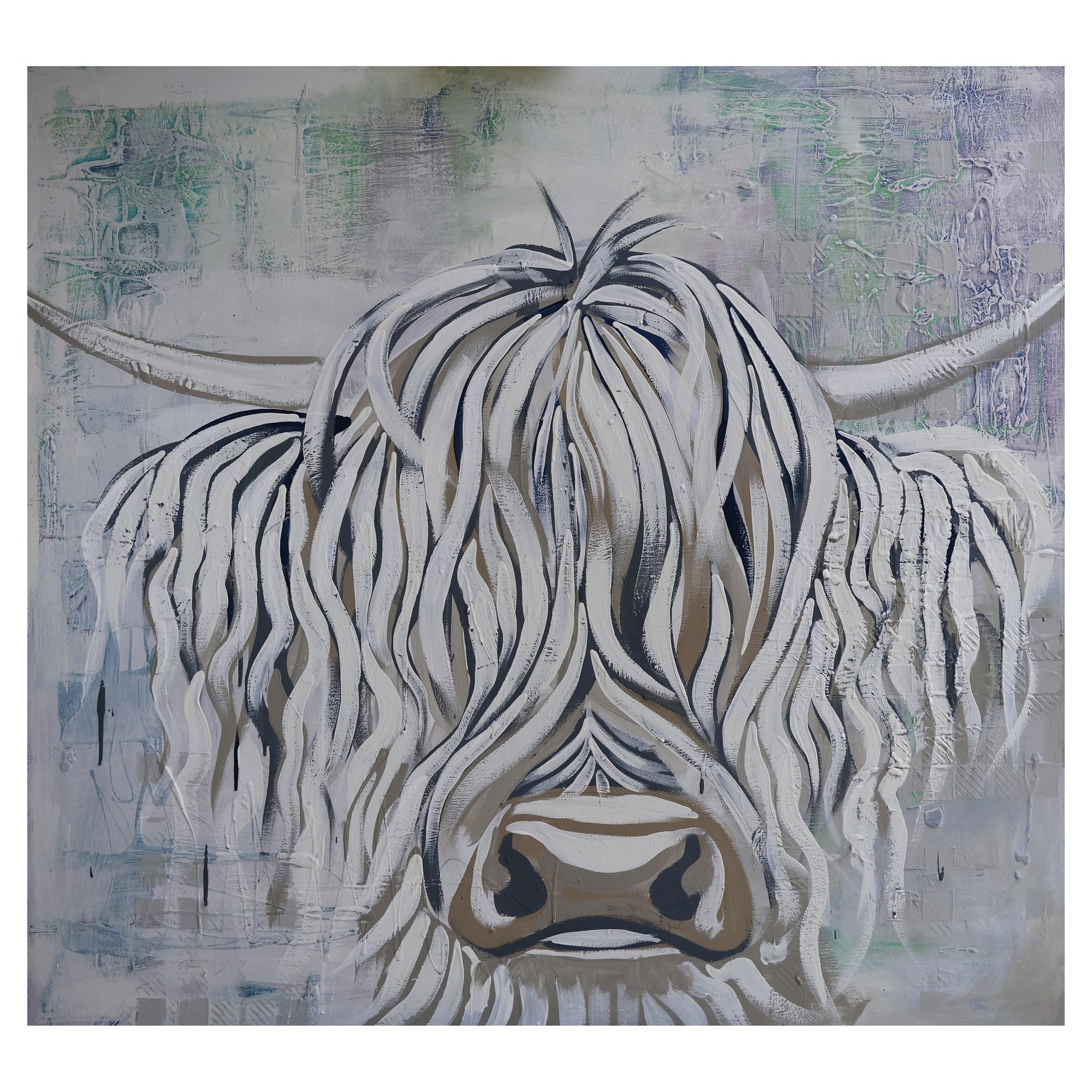Skye white Highland cow print laid out for a square 40 by 40cm frame with a white border