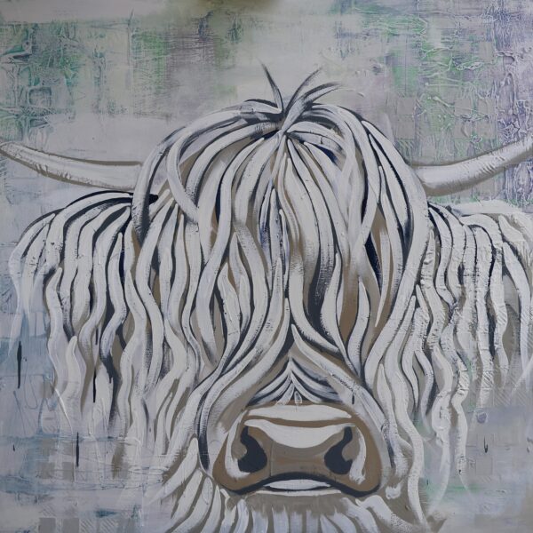 Skye, a white Highland cow print painted in Perth by Tartan Paint