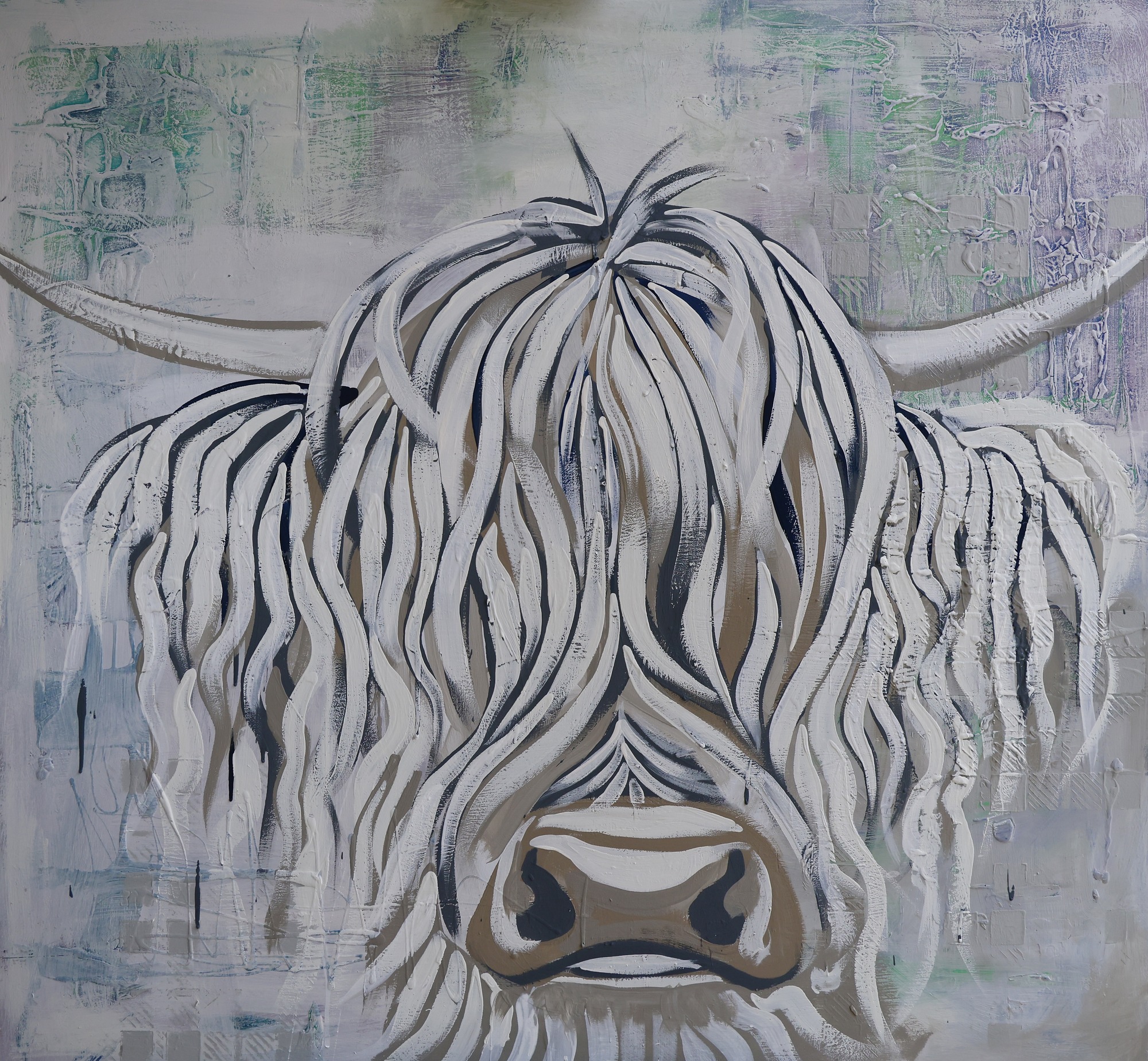 Skye, a white Highland cow print painted in Perth by Tartan Paint