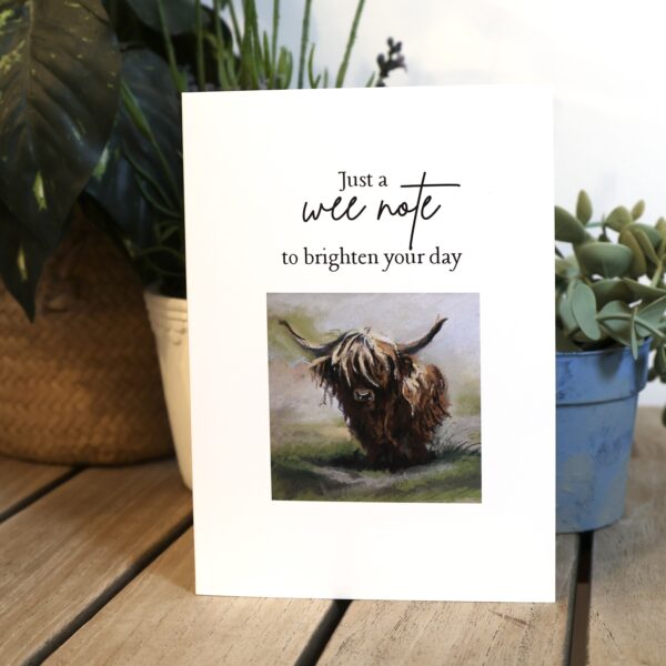 Just a wee note to brighten your day card, shaggy brown Highland cow in pastel, Tartan Paint cheer up card