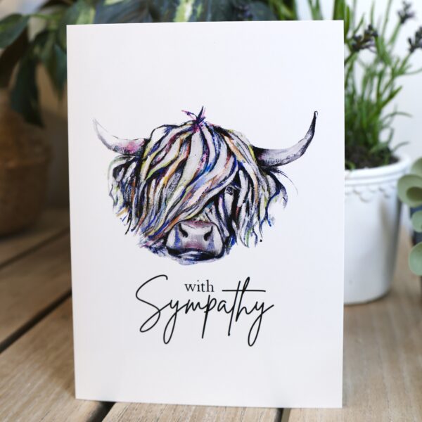 With Sympathy card, Highland cow painted in soft blues and pinks on white, Tartan Paint sympathy card