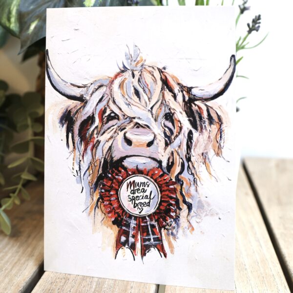 Mums are a special breed card, Highland cow with red tartan prize rosette, Tartan Paint Mother's Day card