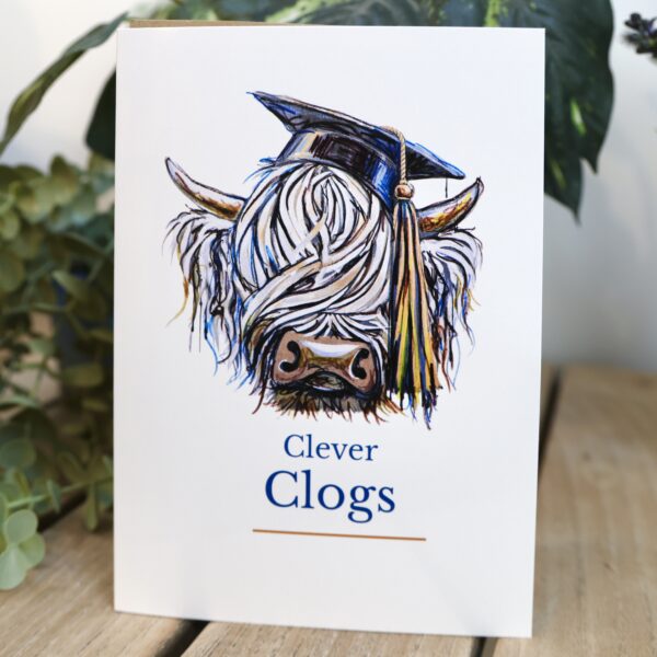 Clever Clogs card, Highland cow wearing a graduation mortarboard, Tartan Paint graduation card