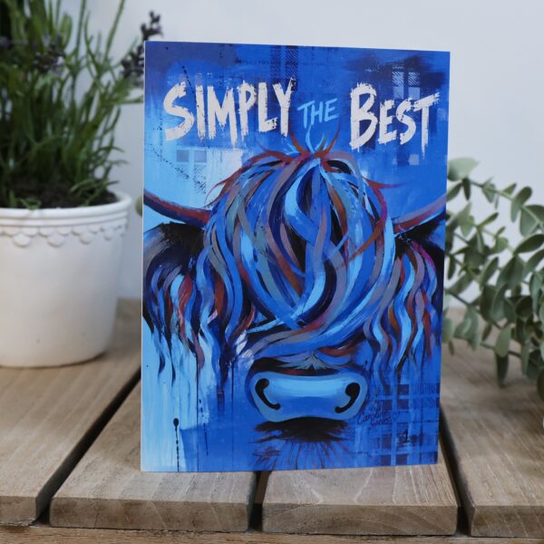 Simply the Best card, blue Highland cow painting with tartan background, Tartan Paint birthday and thank you card