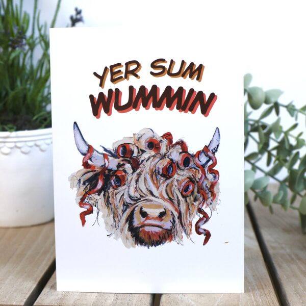 Yer Sum Wummin card, Highland cow with red hair rollers and ribbons, funny Scottish birthday card for her by Tartan Paint
