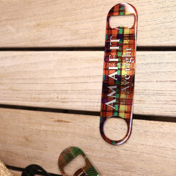 Am Aff It, Aye Right Scottish bar blade bottle opener on red and yellow tartan