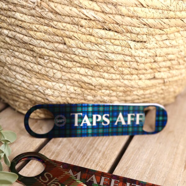 Taps Aff Scottish bar blade bottle opener on blue and green tartan