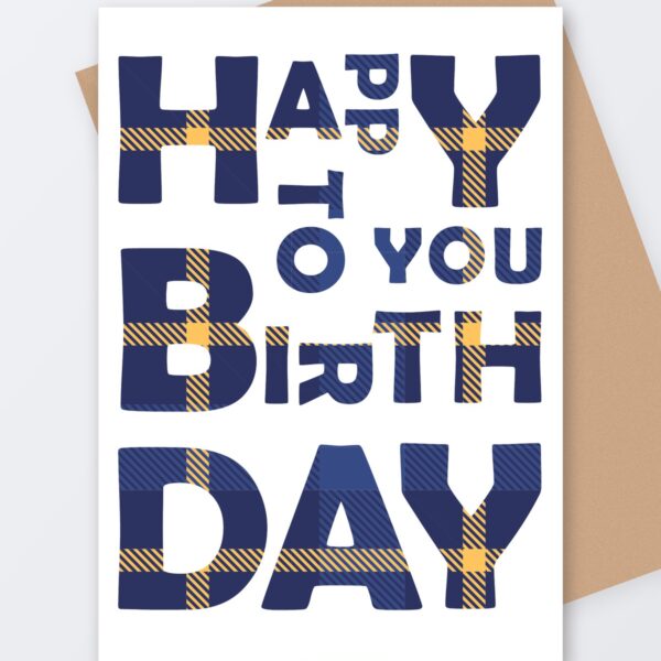 Blue Tartan Letters Birthday Card, Tartan Paint Scottish greeting card with a kraft envelope