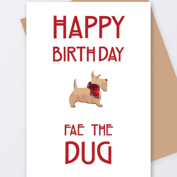 Fae the Dug birthday card, Tartan Paint Scottish greeting card with a kraft envelope