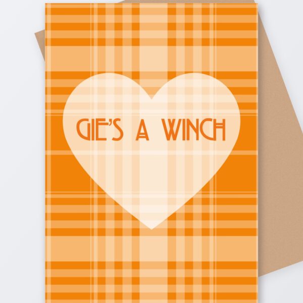 Gie’s a Winch – Funny Scottish Card, Tartan Paint Scottish greeting card with a kraft envelope