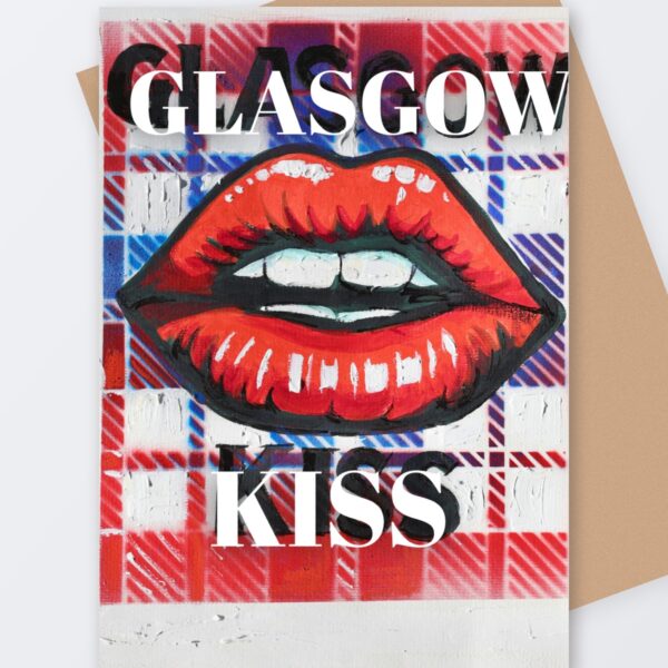 Glasgow Kiss card, big red lips on red white and blue tartan, Tartan Paint Scottish greeting card with a kraft envelope