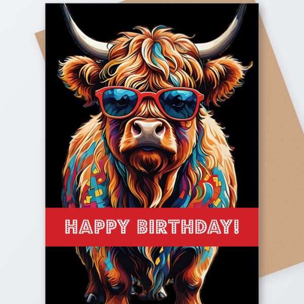 Happy Birthday Highland Coo Card, Tartan Paint Scottish greeting card with a kraft envelope