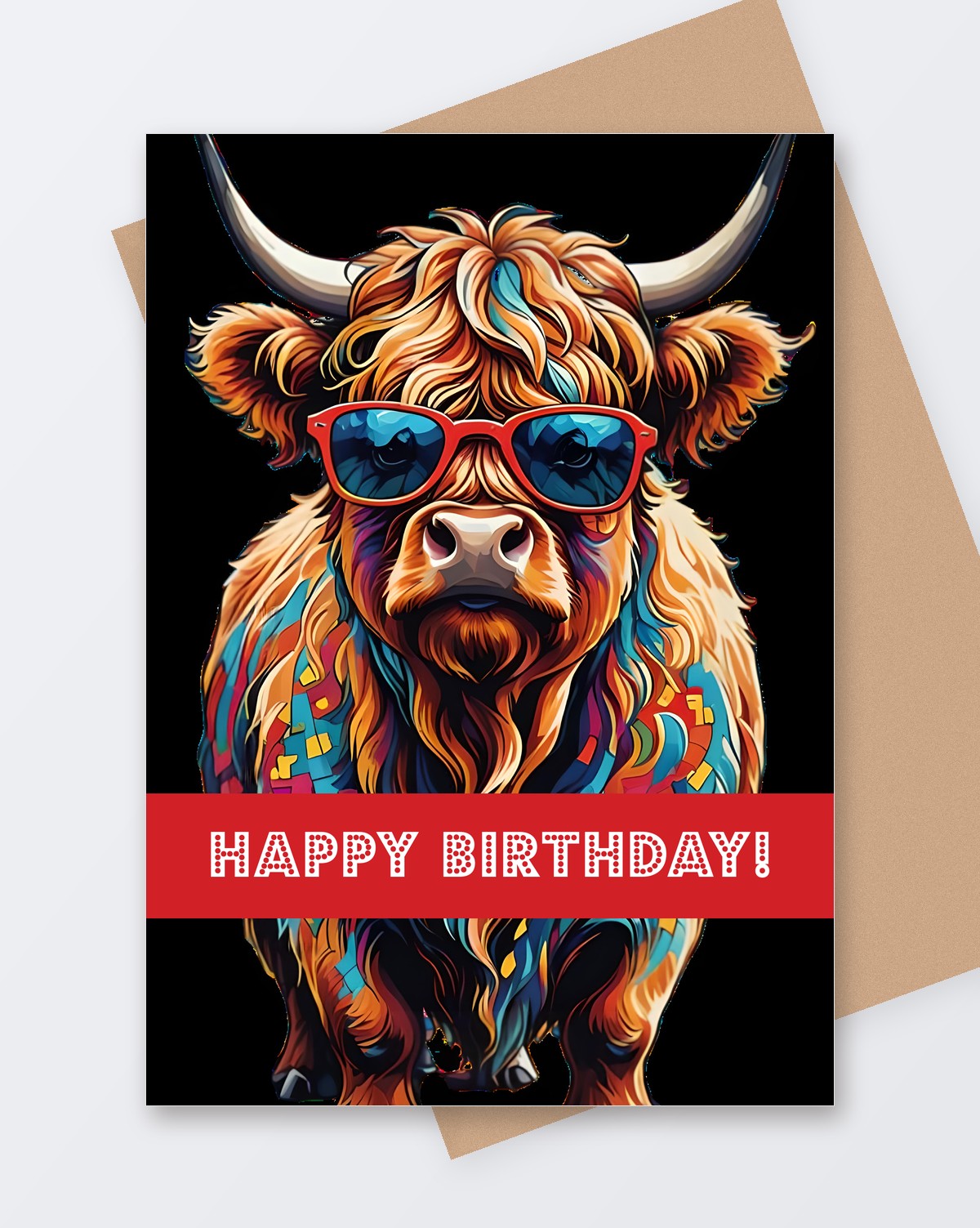 Happy Birthday Highland Coo Card, Tartan Paint Scottish greeting card with a kraft envelope