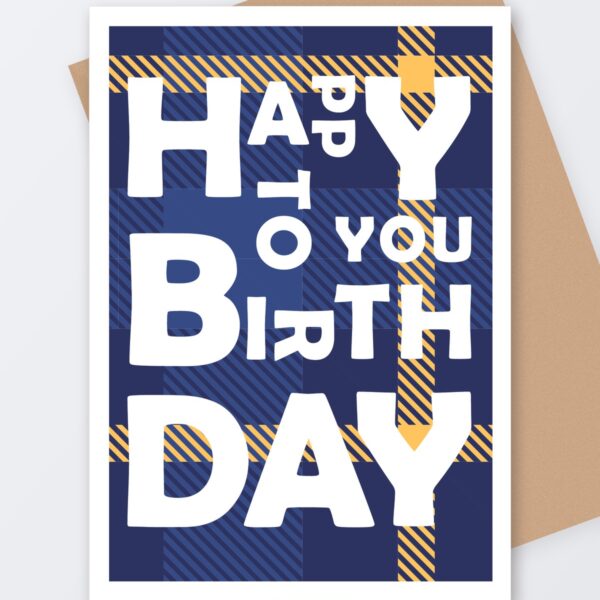 Blue Tartan Birthday Card, Tartan Paint Scottish greeting card with a kraft envelope