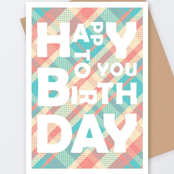 Happy Birthday – Pastel Tartan card, Tartan Paint Scottish greeting card with a kraft envelope