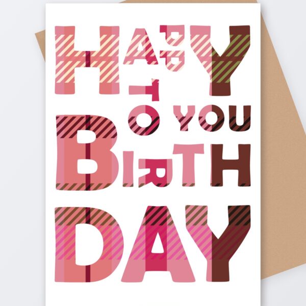Happy Birthday – Pink Tartan card, Tartan Paint Scottish greeting card with a kraft envelope