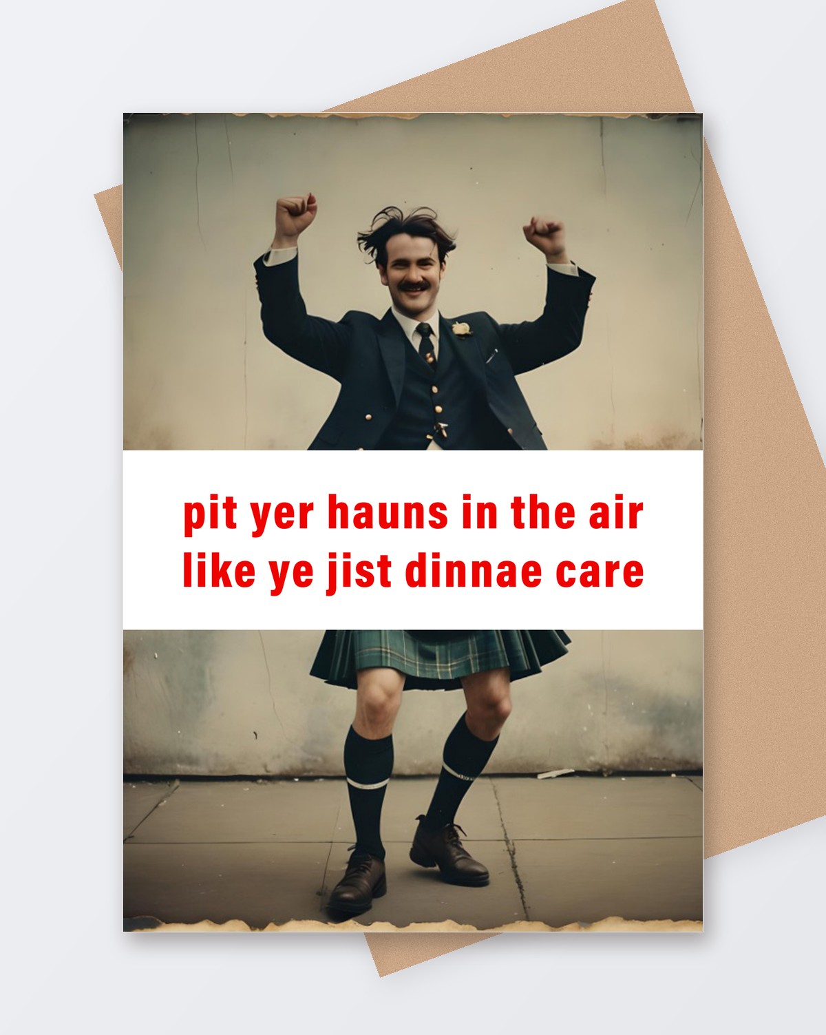 Pits yer hauns in the air, Tartan Paint Scottish greeting card with a kraft envelope