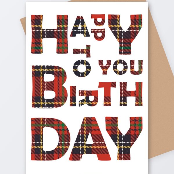 Red Tartan Letters Birthday Card, Tartan Paint Scottish greeting card with a kraft envelope