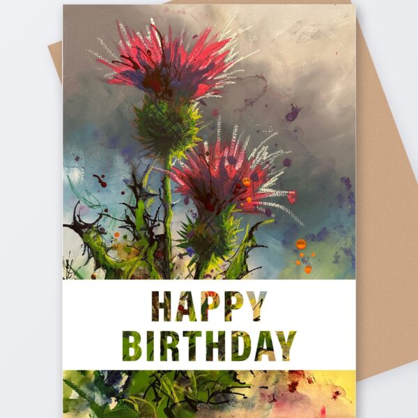 Scottish thistle birthday card, Tartan Paint Scottish greeting card with a kraft envelope