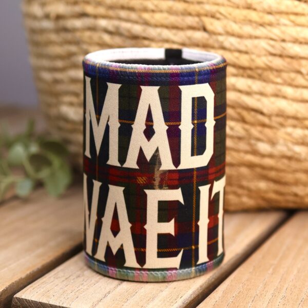 Mad Wae It Scottish stubby holder on dark tartan